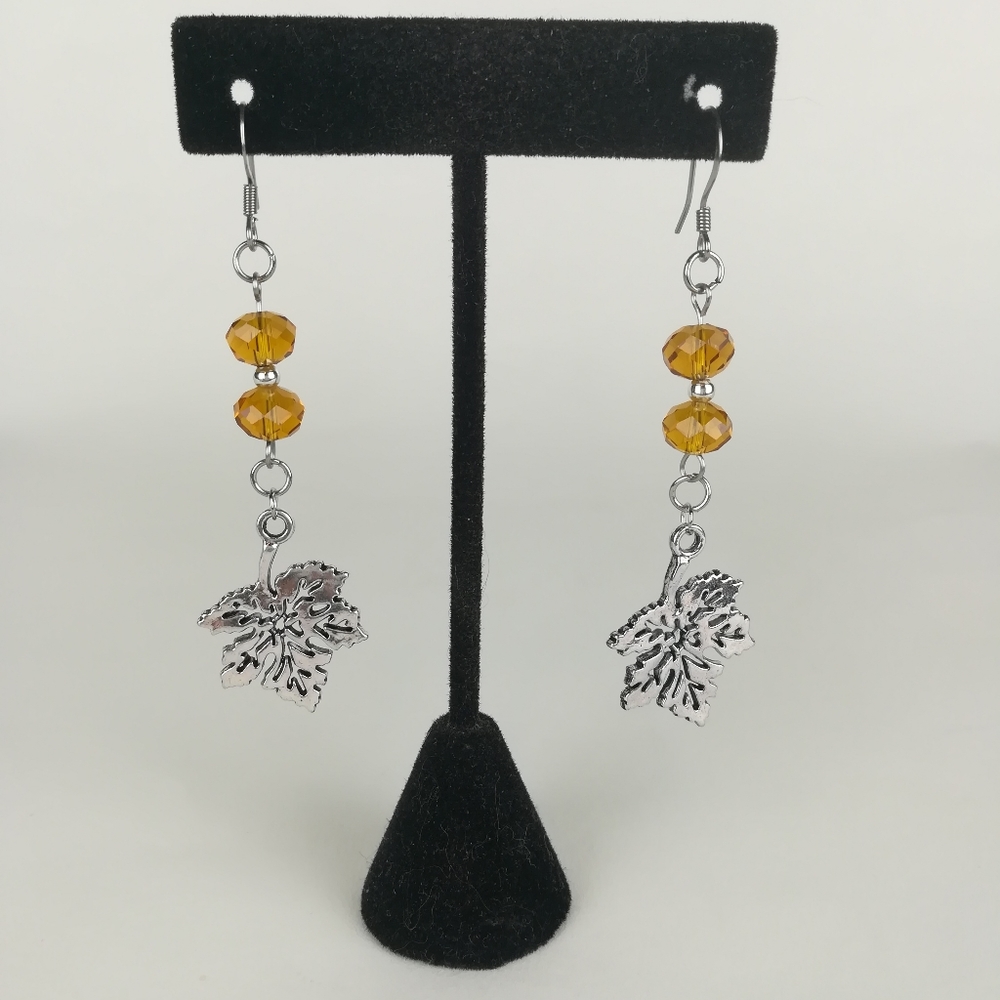 Simple Fall theme leaf earrings gold faceted glass beads